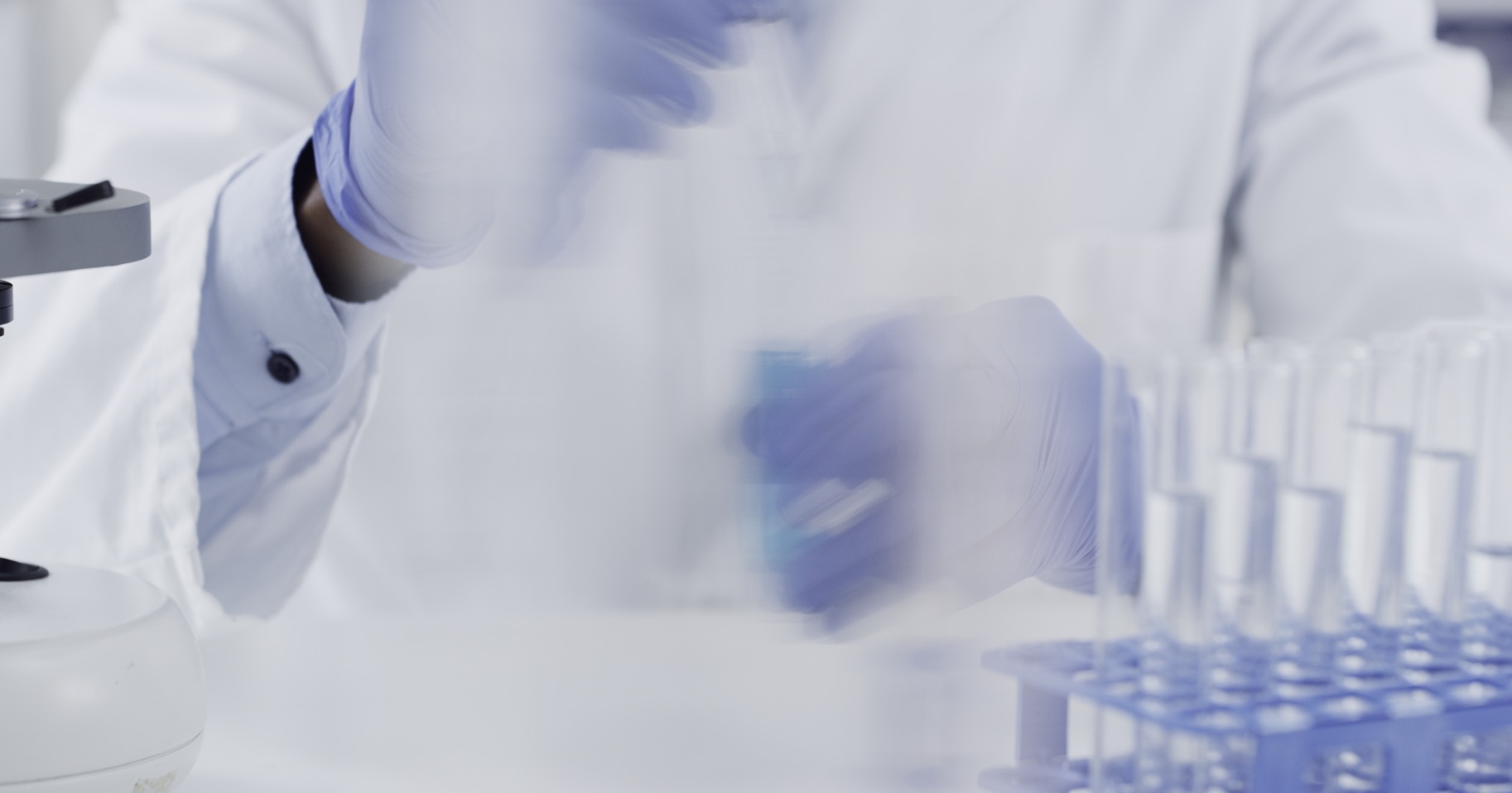 Gloved hands working with a pipette and a rack of test tubes in the lab